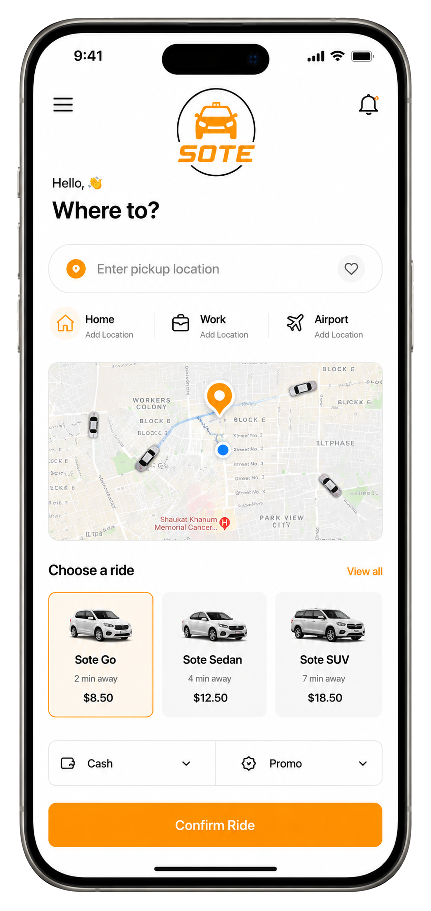 SOTE mobile app ride booking screen