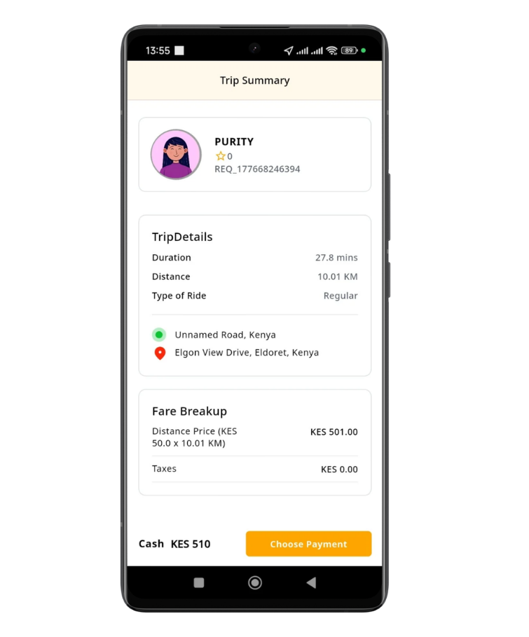 SOTE rider app payment screen