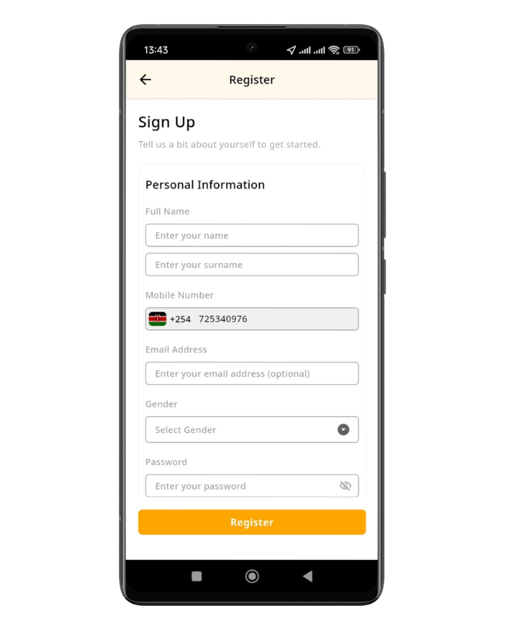 SOTE rider app signup screen